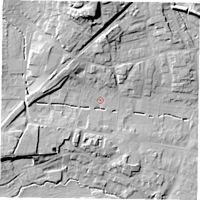 Shaded relief map of the ground around GU323EW, computed from Environment Agency LiDAR. The ground here sits at about 63 m above sea level and falls 29 m across the surrounding 800 m. Surface water reaching this point runs off ground lying to the north-west, 8.4 m higher.
