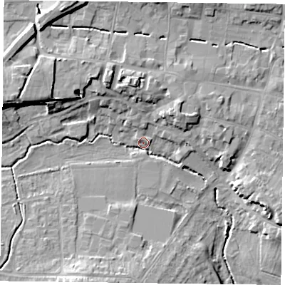 Shaded relief map of the ground around GU323FJ, computed from Environment Agency LiDAR. The ground here sits at about 59 m above sea level and falls 17 m across the surrounding 800 m. Surface water reaching this point runs off ground lying to the north-east, 8.9 m higher.