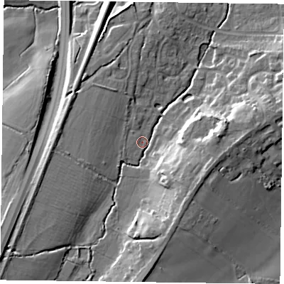 Shaded relief map of the ground around GU323FN, computed from Environment Agency LiDAR. The ground here sits at about 66 m above sea level and falls 17 m across the surrounding 800 m. Surface water reaching this point runs off ground lying to the south-east, 12.2 m higher.