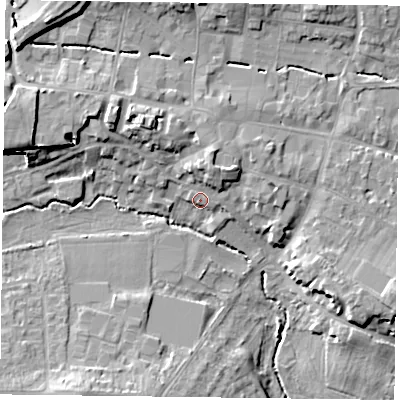 Shaded relief map of the ground around GU323JY, computed from Environment Agency LiDAR. The ground here sits at about 61 m above sea level and falls 15 m across the surrounding 800 m. Surface water reaching this point runs off ground lying to the north-north-east, 6.2 m higher.