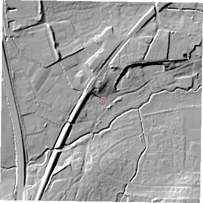 Shaded relief map of the ground around GU323LF, computed from Environment Agency LiDAR. The ground here sits at about 60 m above sea level and falls 14 m across the surrounding 800 m. Surface water reaching this point runs off ground lying to the north, 7.9 m higher.