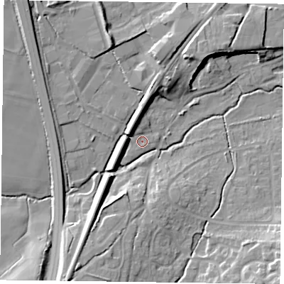 Shaded relief map of the ground around GU323LG, computed from Environment Agency LiDAR. The ground here sits at about 61 m above sea level and falls 13 m across the surrounding 800 m. Surface water reaching this point runs off ground lying to the north-west, 6.1 m higher.