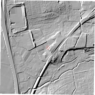 Shaded relief map of the ground around GU323LJ, computed from Environment Agency LiDAR. The ground here sits at about 66 m above sea level and falls 18 m across the surrounding 800 m. Surface water reaching this point runs off ground lying to the east-north-east, 4.9 m higher.