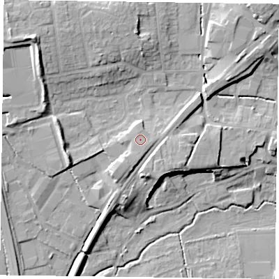 Shaded relief map of the ground around GU323LW, computed from Environment Agency LiDAR. The ground here sits at about 68 m above sea level and falls 18 m across the surrounding 800 m. Surface water reaching this point runs off ground lying to the south, 1.5 m higher.