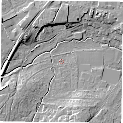 Shaded relief map of the ground around GU323LZ, computed from Environment Agency LiDAR. The ground here sits at about 59 m above sea level and falls 15 m across the surrounding 800 m. Surface water reaching this point runs off ground lying to the south-south-east, 12.2 m higher.
