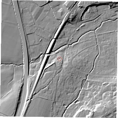 Shaded relief map of the ground around GU323ND, computed from Environment Agency LiDAR. The ground here sits at about 63 m above sea level and falls 19 m across the surrounding 800 m. Surface water reaching this point runs off ground lying to the south, 4.6 m higher.