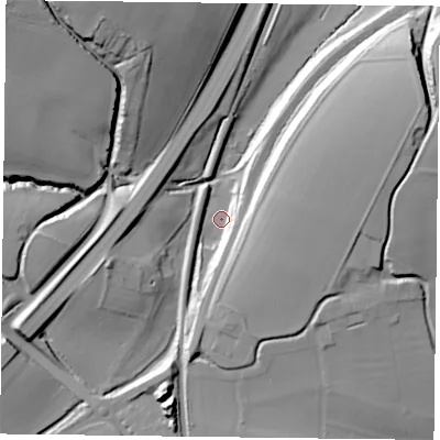 Shaded relief map of the ground around GU323NJ, computed from Environment Agency LiDAR. The ground here sits at about 79 m above sea level and falls 35 m across the surrounding 800 m. Surface water reaching this point runs off ground lying to the east, 20.0 m higher.