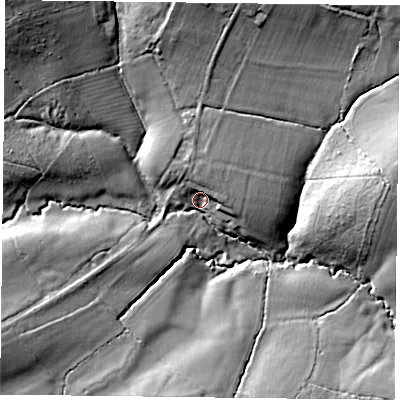 Shaded relief map of the ground around GU323PH, computed from Environment Agency LiDAR. The ground here sits at about 75 m above sea level and falls 24 m across the surrounding 800 m. Surface water reaching this point runs off ground lying to the north-west, 19.6 m higher.