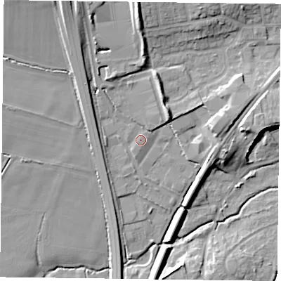 Shaded relief map of the ground around GU323QA, computed from Environment Agency LiDAR. The ground here sits at about 65 m above sea level and falls 17 m across the surrounding 800 m. Surface water reaching this point runs off ground lying to the north-east, 3.6 m higher.