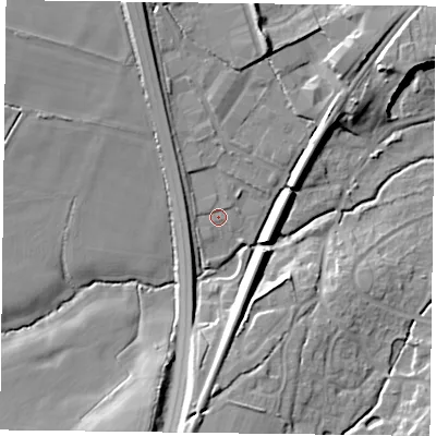 Shaded relief map of the ground around GU323QG, computed from Environment Agency LiDAR. The ground here sits at about 62 m above sea level and falls 13 m across the surrounding 800 m. Surface water reaching this point runs off ground lying to the north-north-west, 0.8 m higher.