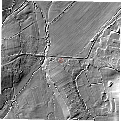 Shaded relief map of the ground around GU32AT, computed from Environment Agency LiDAR. The ground here sits at about 45 m above sea level and falls 13 m across the surrounding 800 m. Surface water reaching this point runs off ground lying to the east-south-east, 10.0 m higher.