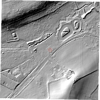 Shaded relief map of the ground around GU32BE, computed from Environment Agency LiDAR. The ground here sits at about 39 m above sea level and falls 24 m across the surrounding 800 m. Surface water reaching this point runs off ground lying to the south-south-east, 0.9 m higher.