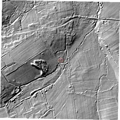Shaded relief map of the ground around GU32BN, computed from Environment Agency LiDAR. The ground here sits at about 45 m above sea level and falls 9 m across the surrounding 800 m. Surface water reaching this point runs off ground lying to the west, 5.4 m higher.