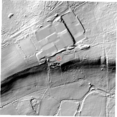 Shaded relief map of the ground around GU32BZ, computed from Environment Agency LiDAR. The ground here sits at about 60 m above sea level and falls 24 m across the surrounding 800 m. Surface water reaching this point runs off ground lying to the north, 2.8 m higher.