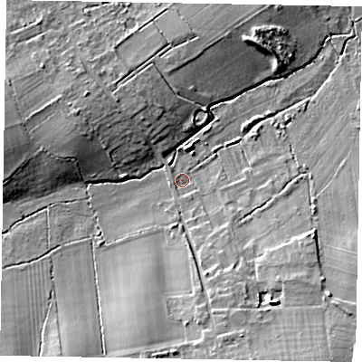 Shaded relief map of the ground around GU32DE, computed from Environment Agency LiDAR. The ground here sits at about 46 m above sea level and falls 12 m across the surrounding 800 m. Surface water reaching this point runs off ground lying to the south-south-east, 9.5 m higher.