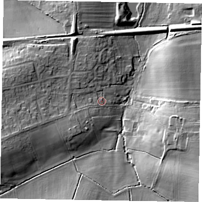 Shaded relief map of the ground around GU32EE, computed from Environment Agency LiDAR. The ground here sits at about 60 m above sea level and falls 22 m across the surrounding 800 m. Surface water reaching this point runs off ground lying to the south-west, 4.4 m higher.