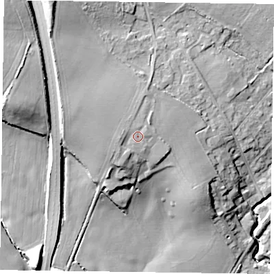Shaded relief map of the ground around GU336JG, computed from Environment Agency LiDAR. The ground here sits at about 74 m above sea level and falls 23 m across the surrounding 800 m. Surface water reaching this point runs off ground lying to the west, 1.5 m higher.