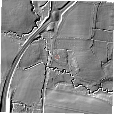 Shaded relief map of the ground around GU336LA, computed from Environment Agency LiDAR. The ground here sits at about 67 m above sea level and falls 15 m across the surrounding 800 m. Surface water reaching this point runs off ground lying to the east-north-east, 1.7 m higher.