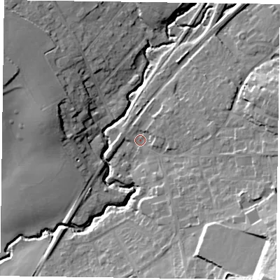 Shaded relief map of the ground around GU337AA, computed from Environment Agency LiDAR. The ground here sits at about 62 m above sea level and falls 27 m across the surrounding 800 m. Surface water reaching this point runs off ground lying to the south-east, 16.2 m higher.