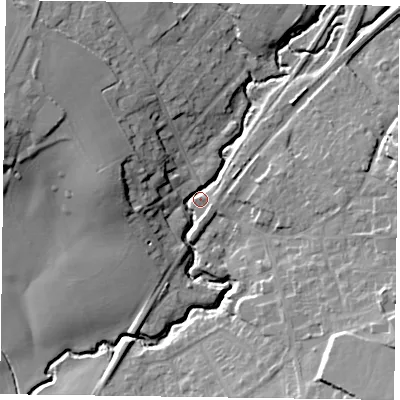 Shaded relief map of the ground around GU337AD, computed from Environment Agency LiDAR. The ground here sits at about 61 m above sea level and falls 18 m across the surrounding 800 m. Surface water reaching this point runs off ground lying to the west-north-west, 16.2 m higher.