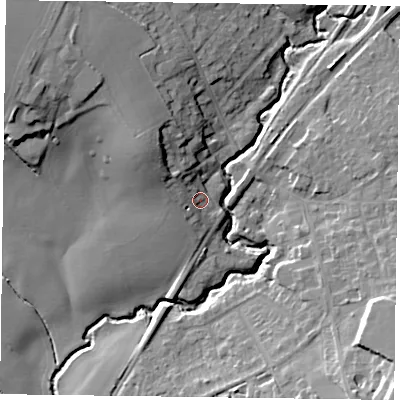 Shaded relief map of the ground around GU337AE, computed from Environment Agency LiDAR. The ground here sits at about 63 m above sea level and falls 20 m across the surrounding 800 m. Surface water reaching this point runs off ground lying to the north-west, 8.8 m higher.