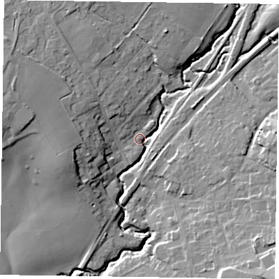 Shaded relief map of the ground around GU337AF, computed from Environment Agency LiDAR. The ground here sits at about 62 m above sea level and falls 18 m across the surrounding 800 m. Surface water reaching this point runs off ground lying to the north-west, 10.9 m higher.
