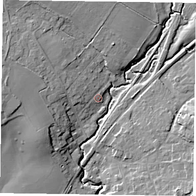 Shaded relief map of the ground around GU337AG, computed from Environment Agency LiDAR. The ground here sits at about 63 m above sea level and falls 16 m across the surrounding 800 m. Surface water reaching this point runs off ground lying to the west-north-west, 3.7 m higher.