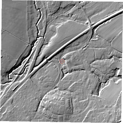 Shaded relief map of the ground around GU337BD, computed from Environment Agency LiDAR. The ground here sits at about 62 m above sea level and falls 22 m across the surrounding 800 m. Surface water reaching this point runs off ground lying to the south-east, 18.8 m higher.