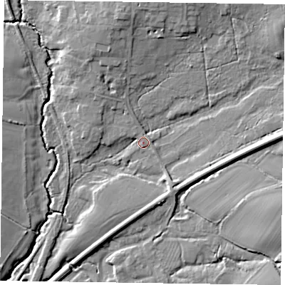 Shaded relief map of the ground around GU337BH, computed from Environment Agency LiDAR. The ground here sits at about 65 m above sea level and falls 16 m across the surrounding 800 m. Surface water reaching this point runs off ground lying to the east, 10.6 m higher.