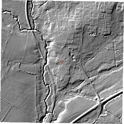 Shaded relief map of the ground around GU337BJ, computed from Environment Agency LiDAR. The ground here sits at about 66 m above sea level and falls 18 m across the surrounding 800 m. Surface water reaching this point runs off ground lying to the east, 1.5 m higher.