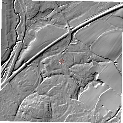 Shaded relief map of the ground around GU337DW, computed from Environment Agency LiDAR. The ground here sits at about 65 m above sea level and falls 26 m across the surrounding 800 m. Surface water reaching this point runs off ground lying to the east, 11.6 m higher.