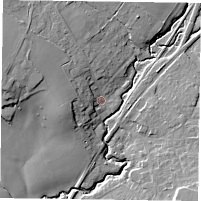 Shaded relief map of the ground around GU337FF, computed from Environment Agency LiDAR. The ground here sits at about 62 m above sea level and falls 18 m across the surrounding 800 m. Surface water reaching this point runs off ground lying to the west-north-west, 14.0 m higher.