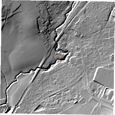 Shaded relief map of the ground around GU337JX, computed from Environment Agency LiDAR. The ground here sits at about 61 m above sea level and falls 28 m across the surrounding 800 m. Surface water reaching this point runs off ground lying to the east-south-east, 16.5 m higher.
