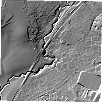 Shaded relief map of the ground around GU337JY, computed from Environment Agency LiDAR. The ground here sits at about 61 m above sea level and falls 31 m across the surrounding 800 m. Surface water reaching this point runs off ground lying to the south-east, 23.1 m higher.