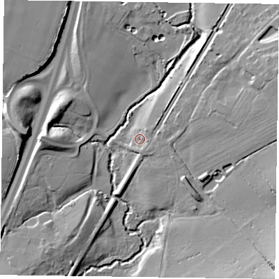 Shaded relief map of the ground around GU337LU, computed from Environment Agency LiDAR. The ground here sits at about 59 m above sea level and falls 19 m across the surrounding 800 m. Surface water reaching this point runs off ground lying to the east-north-east, 10.6 m higher.