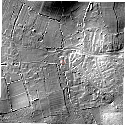Shaded relief map of the ground around GU33BT, computed from Environment Agency LiDAR. The ground here sits at about 55 m above sea level and falls 24 m across the surrounding 800 m. Surface water reaching this point runs off ground lying to the south-east, 18.8 m higher.