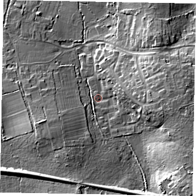 Shaded relief map of the ground around GU33EF, computed from Environment Agency LiDAR. The ground here sits at about 57 m above sea level and falls 25 m across the surrounding 800 m. Surface water reaching this point runs off ground lying to the south-east, 19.5 m higher.