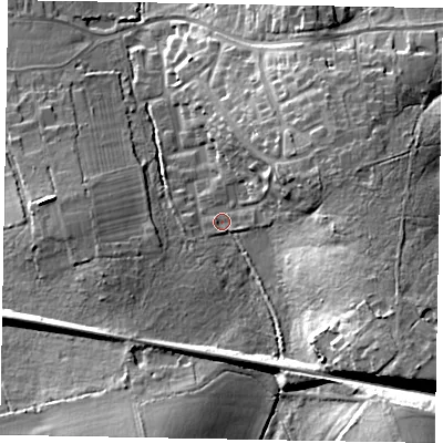 Shaded relief map of the ground around GU33EG, computed from Environment Agency LiDAR. The ground here sits at about 59 m above sea level and falls 27 m across the surrounding 800 m. Surface water reaching this point runs off ground lying to the south-east, 17.3 m higher.