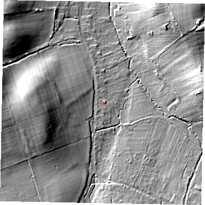 Shaded relief map of the ground around GU33HA, computed from Environment Agency LiDAR. The ground here sits at about 48 m above sea level and falls 23 m across the surrounding 800 m. Surface water reaching this point runs off ground lying to the south-west, 1.1 m higher.