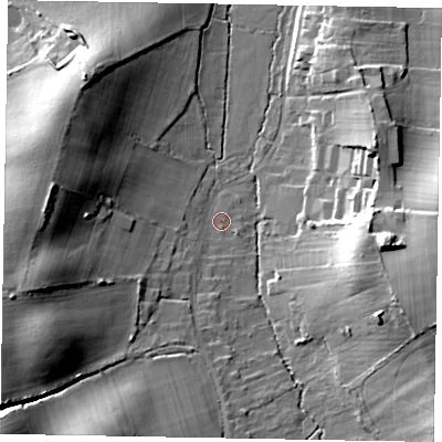 Shaded relief map of the ground around GU33HB, computed from Environment Agency LiDAR. The ground here sits at about 42 m above sea level and falls 27 m across the surrounding 800 m. Surface water reaching this point runs off ground lying to the west-south-west, 20.1 m higher.