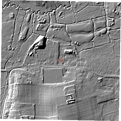 Shaded relief map of the ground around GU33HF, computed from Environment Agency LiDAR. The ground here sits at about 37 m above sea level and falls 18 m across the surrounding 800 m. Surface water reaching this point runs off ground lying to the south-south-west, 15.7 m higher.