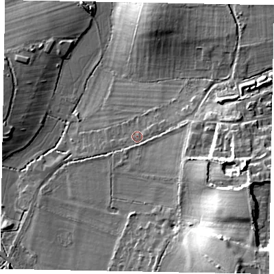 Shaded relief map of the ground around GU33JR, computed from Environment Agency LiDAR. The ground here sits at about 42 m above sea level and falls 28 m across the surrounding 800 m. Surface water reaching this point runs off ground lying to the east-south-east, 17.6 m higher.