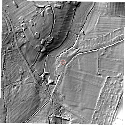 Shaded relief map of the ground around GU33JW, computed from Environment Agency LiDAR. The ground here sits at about 40 m above sea level and falls 18 m across the surrounding 800 m. Surface water reaching this point runs off ground lying to the south, 1.1 m higher.