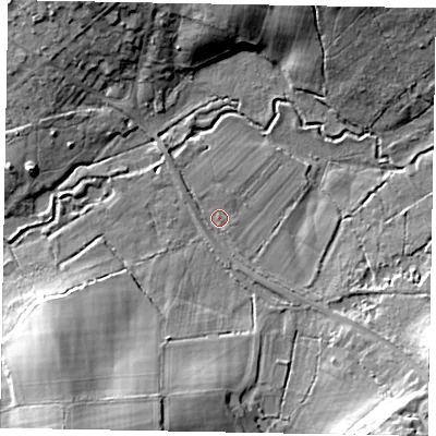 Shaded relief map of the ground around GU33PJ, computed from Environment Agency LiDAR. The ground here sits at about 32 m above sea level and falls 18 m across the surrounding 800 m. Surface water reaching this point runs off ground lying to the south-south-east, 1.6 m higher.