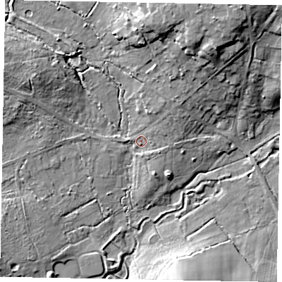 Shaded relief map of the ground around GU33PP, computed from Environment Agency LiDAR. The ground here sits at about 33 m above sea level and falls 16 m across the surrounding 800 m. Surface water reaching this point runs off ground lying to the north-east, 13.0 m higher.