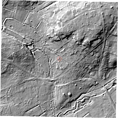 Shaded relief map of the ground around GU33PR, computed from Environment Agency LiDAR. The ground here sits at about 36 m above sea level and falls 17 m across the surrounding 800 m. Surface water reaching this point runs off ground lying to the north-east, 4.3 m higher.