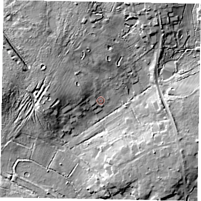 Shaded relief map of the ground around GU33QE, computed from Environment Agency LiDAR. The ground here sits at about 40 m above sea level and falls 16 m across the surrounding 800 m. Surface water reaching this point runs off ground lying to the west-north-west, 5.3 m higher.