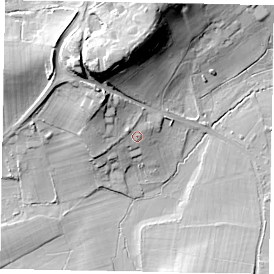 Shaded relief map of the ground around GU33RB, computed from Environment Agency LiDAR. The ground here sits at about 43 m above sea level and falls 33 m across the surrounding 800 m. Surface water reaching this point runs off ground lying to the west-north-west, 3.5 m higher.