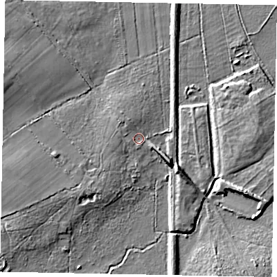 Shaded relief map of the ground around GU33RN, computed from Environment Agency LiDAR. The ground here sits at about 31 m above sea level and falls 8 m across the surrounding 800 m. Surface water reaching this point runs off ground lying to the north-west, 2.1 m higher.