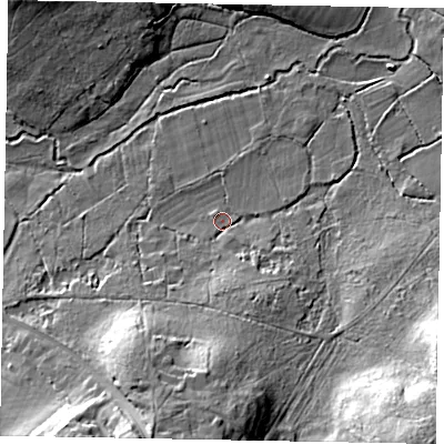 Shaded relief map of the ground around GU33RQ, computed from Environment Agency LiDAR. The ground here sits at about 32 m above sea level and falls 24 m across the surrounding 800 m. Surface water reaching this point runs off ground lying to the south, 13.6 m higher.